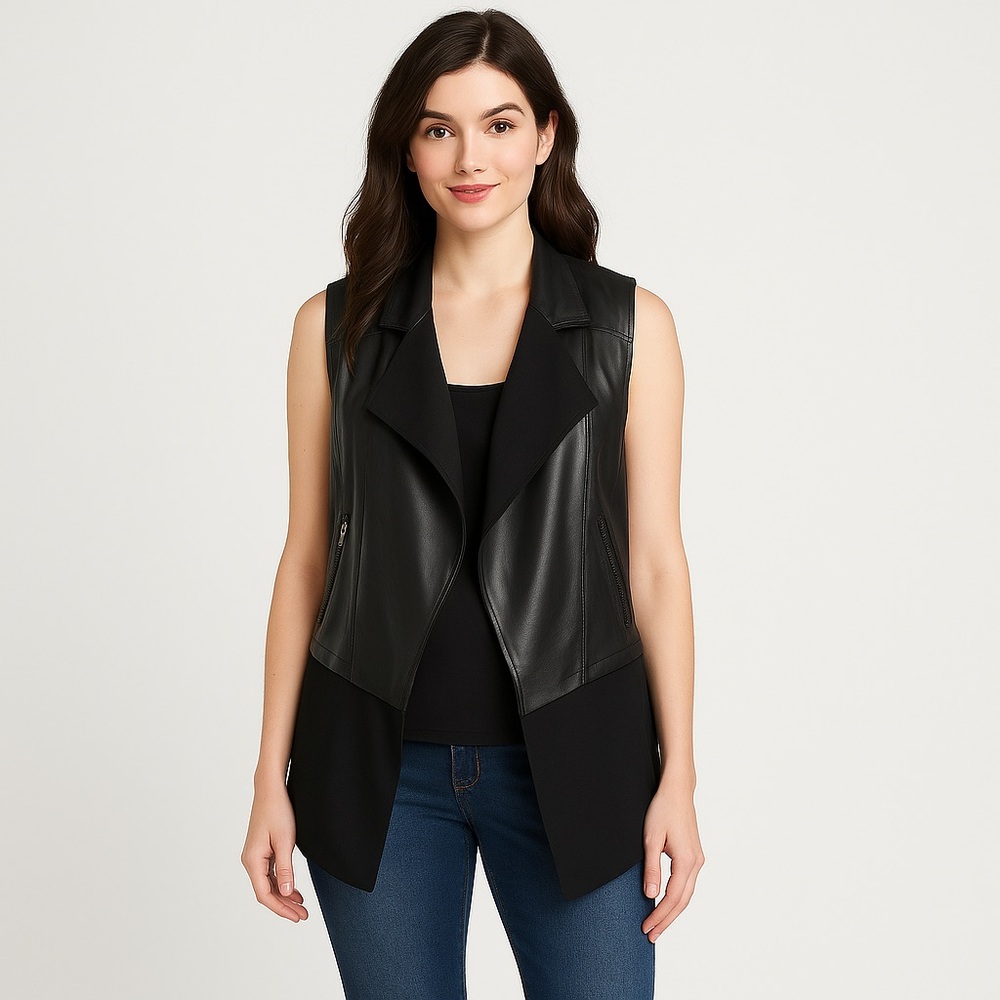 PURE DKNY Lamb Skin Leather & Fabric Waterfall Vest Jacket Black Size‎ P